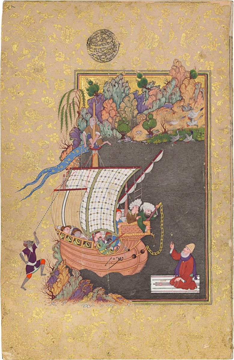 الدرويش الفقير فرياب يعبر النهر على سجادة صلاته، القرن 16، إيران