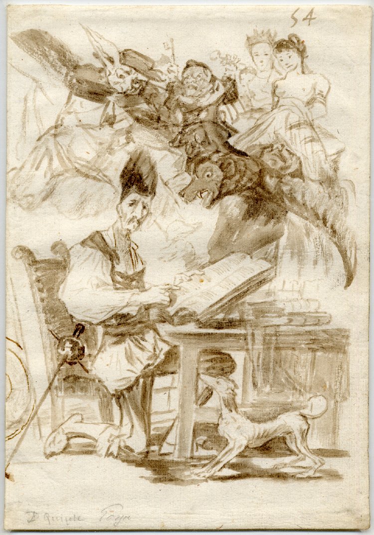ف. غويا، دون كيخوته في مكتبه وانقضاض الوحوش عليه، 1812