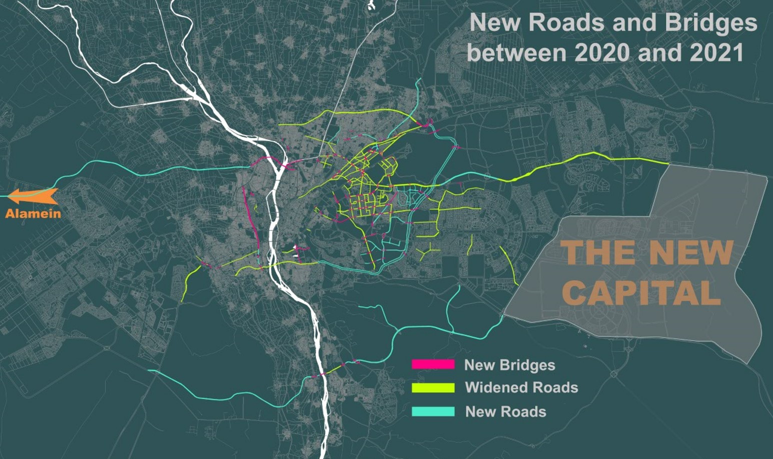 الخريطة ١ : الطرق والجسور المُنشأة في الفترة بين 2020 و2021، المصدر: 10 طوبة للدراسات والتطبيقات العمرانية